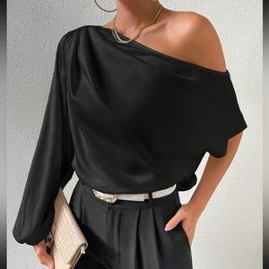 Figure Graphic Asymmetrical Neck Lantern Sleeve Blouse